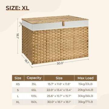 GREENSTELL Storage Basket with Lid, 160L Large Wicker Basket with Lid, Handwoven Blanket Storage Basket with Handles, Removable Cotton Liner, Metal Frame, Foldable for Bedroom, Laundry Room, Natural