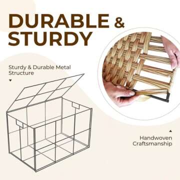 GREENSTELL Storage Basket with Lid, 160L Large Wicker Basket with Lid, Handwoven Blanket Storage Basket with Handles, Removable Cotton Liner, Metal Frame, Foldable for Bedroom, Laundry Room, Natural