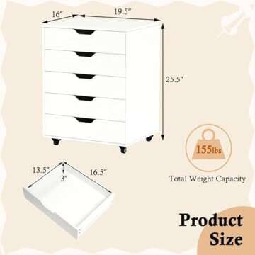 Giantex 5-Drawer Mobile Storage Cabinet with Wheels - Rolling Lateral Filing Under Desk Chest of Drawers, 19.5" x 16" x 25.5" Office Cabinet for Living Room, Study