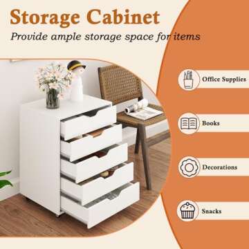 Giantex 5-Drawer Mobile Storage Cabinet with Wheels - Rolling Lateral Filing Under Desk Chest of Drawers, 19.5" x 16" x 25.5" Office Cabinet for Living Room, Study