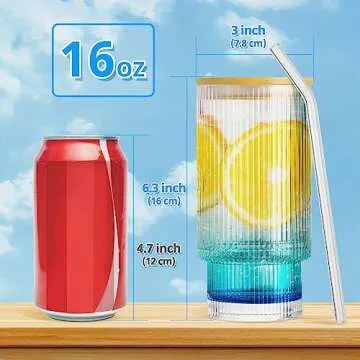 AiMQnLe Glass Cups with Bamboo Lids and Straws - 16 oz Iced Coffee Cups, Vintage Ribbed Drinking Glasses, Glass Tumbler for Juice, Beer, Coffee, Milk, Cocktail, Water (4 Pack)