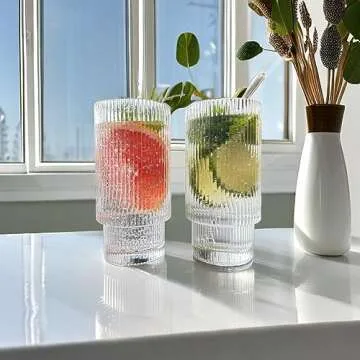 AiMQnLe Glass Cups with Bamboo Lids and Straws - 16 oz Iced Coffee Cups, Vintage Ribbed Drinking Glasses, Glass Tumbler for Juice, Beer, Coffee, Milk, Cocktail, Water (4 Pack)