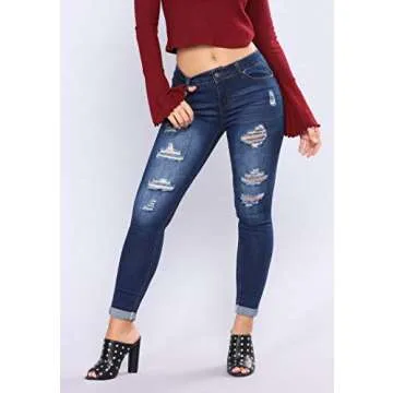 Women's Juniors Distressed Denim Jeans High Waisted Stretch Ripped Skinny Jegging Pants