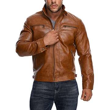 HOOD CREW Men’s Stand Collar Leather Jacket Casual Faux Leather Motorcycle Jacket Outerwear Coat w...