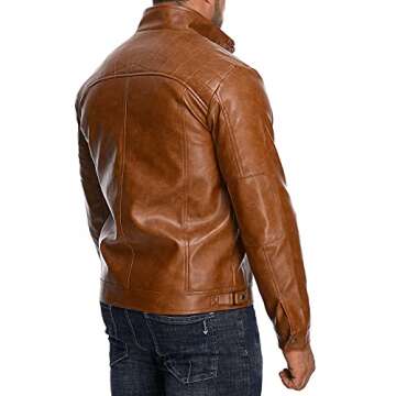 HOOD CREW Men’s Stand Collar Leather Jacket Casual Faux Leather Motorcycle Jacket Outerwear Coat with Zipper Pockets Brown XL