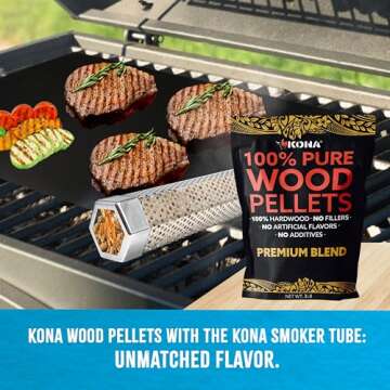 Kona Wood Smoker Tube & Smoking Pellets Set - Hot & Cold Smoke for Charcoal, Electric, Gas & All BBQ Grills - Stainless Steel 12 Inch Hexagon & 14 ounces of Premium Blend Hardwood