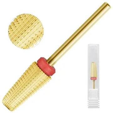 finibir Nail Drill Bits Tungsten Carbide 5 in 1 Nail Drill Bits, 3/32'' Shank Nail Drill Bits for Acrylic Nails, Professional Nail Drill Two Way Rotate Use for Both Left & Right Handed.(F, Gold)