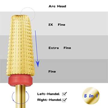 finibir Nail Drill Bits Tungsten Carbide 5 in 1 Nail Drill Bits, 3/32'' Shank Nail Drill Bits for Acrylic Nails, Professional Nail Drill Two Way Rotate Use for Both Left & Right Handed.(F, Gold)