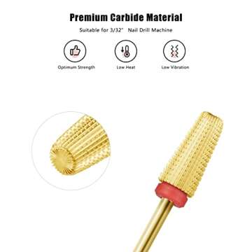 finibir Nail Drill Bits Tungsten Carbide 5 in 1 Nail Drill Bits, 3/32'' Shank Nail Drill Bits for Acrylic Nails, Professional Nail Drill Two Way Rotate Use for Both Left & Right Handed.(F, Gold)