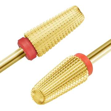 finibir Nail Drill Bits Tungsten Carbide 5 in 1 Nail Drill Bits, 3/32'' Shank Nail Drill Bits for Acrylic Nails, Professional Nail Drill Two Way Rotate Use for Both Left & Right Handed.(F, Gold)