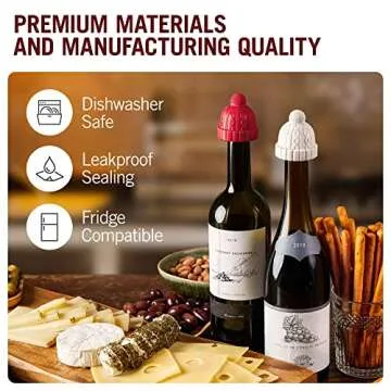 Beanie Cap Decorative Silicone Bottle Stopper in a Gift Box, Set of Two, Novelty Cork, Beverage and Wine Keeper, Champagne Bottle stoppers (Red & Grey)