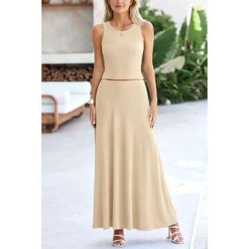 PRETTYGARDEN Women's 2 Piece Maxi Skirt Sets Casual Summer Knit Cropped Tank Top High Waisted Long Skirts Outfit (Beige,X-Large)