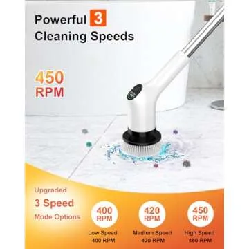 Electric Spin Scrubber, 2024 Upgrade Cordless Shower Scrubber with 8 Replaceable Brush Heads and 3 Adjustable Speeds, LED Display and Extension Handle,Power Cleaning Brush for Bathroom Tub Grout Floor