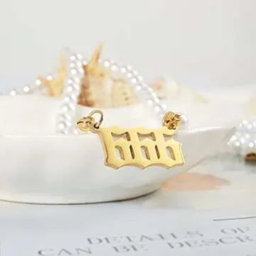 Gold Angel Number Necklace for Women,Pearl Choker Necklace 111 222 333 444 555 777 888 999 Pendant Lucky Number Choker Jewelry Gold Plated Dainty Pendants Choker for Women(0)