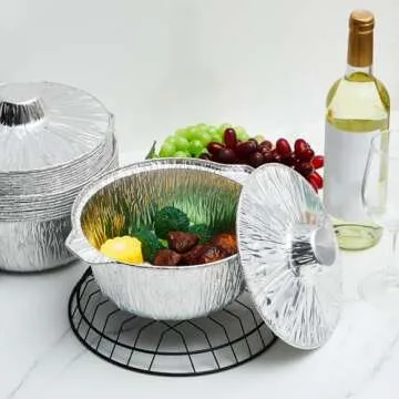 Ziliny 12 Pcs Disposable Aluminum Pot with Lid Round Foil Pans Disposable Cookware Food Container for Vacation Trips Camping Baking Heating Cooking (74.4 oz)