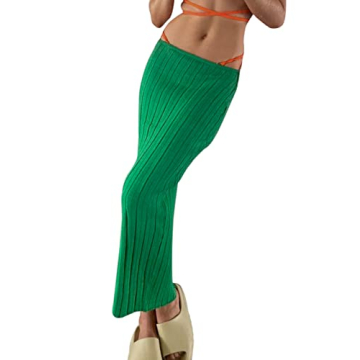 Meladyan Women High Waist Knit Long Maxi Skirt Stretchy Solid Slim Midi Skirts Strapless Bodycon Bea...
