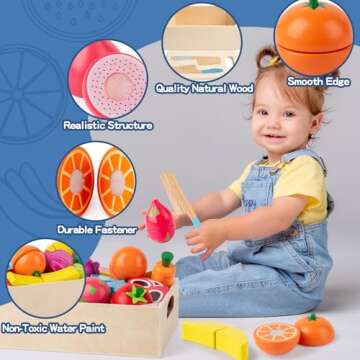 32 Pcs Wooden Play Food Sets for Kids Kitchen Accessories, Montessori Educational Toys Food, Pretend...