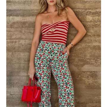 MISSACTIVER Women Striped Knit Bandeau Top Sexy Strapless Sleeveless Twist Front Hollow Out Backless Tube Crop Top Party