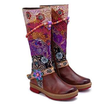 CrazycatZ Womens Knee High Boots Leather Block Heel Long Bootie Exotic Pattern (10 US, BROWN-B)