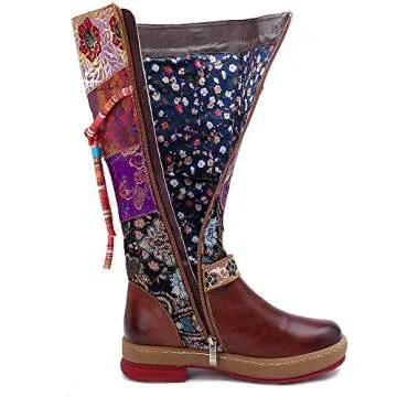 CrazycatZ Womens Knee High Boots Leather Block Heel Long Bootie Exotic Pattern (10 US, BROWN-B)