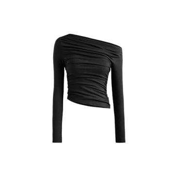 CIDER Women's Asymmetrical Top - Stylish Off The Shoulder Long Sleeve Shirt with Ruched Design