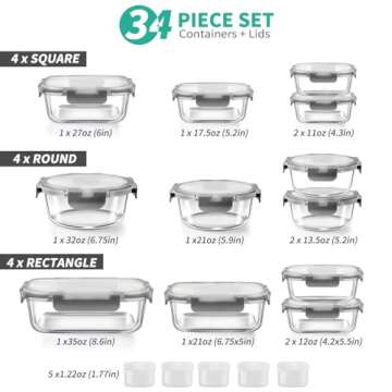 34pcs Glass Food Storage Containers with Lids Set, Airtight Glass Meal Prep Containers (17 Container...