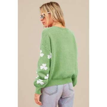 Women's 2024 St. Patrick's Day Green Fuzzy Clover Drop Shoulder Sweater Casual Round Neck Long Sleev...