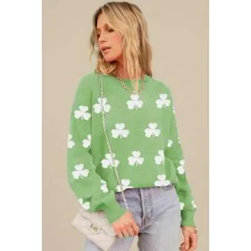 Women's 2024 St. Patrick's Day Green Fuzzy Clover Drop Shoulder Sweater Casual Round Neck Long Sleeve Knit Pullover Tops