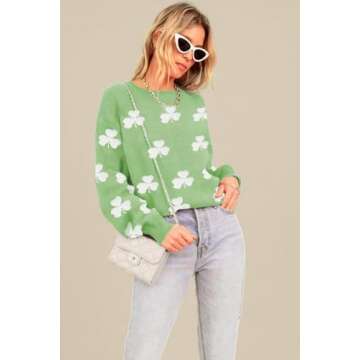 Women's 2024 St. Patrick's Day Green Fuzzy Clover Drop Shoulder Sweater Casual Round Neck Long Sleeve Knit Pullover Tops