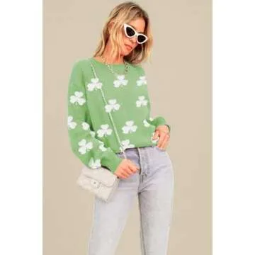 Women's 2024 St. Patrick's Day Green Fuzzy Clover Drop Shoulder Sweater Casual Round Neck Long Sleeve Knit Pullover Tops