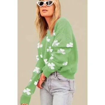 Women's 2024 St. Patrick's Day Green Fuzzy Clover Drop Shoulder Sweater Casual Round Neck Long Sleeve Knit Pullover Tops