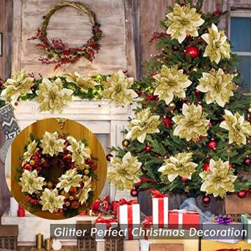 15 PCS Gold Poinsettia Flower Artificial Poinsettia with Clips Christmas Decor Glitter Poinsettia Ch...