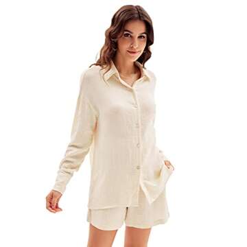 Cotton Pajamas Set 2 Piece Outfits for Women Long Sleeve Button Tops and Shorts Loungewear Pjs Set Apricot XL