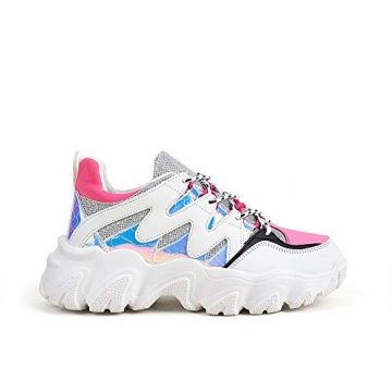 LUCKY STEP Women Chunky Leather Lace up Platform Sneakers, Silver White Cosy Athletic Sports Walking...