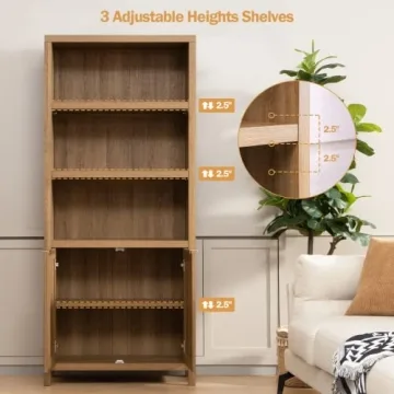 SICOTAS 5-Tier Boho Style Bookcase with Doors
