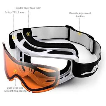 JULI Ski Goggle/Snow Snowboard Goggles for Men, Women & Youth - 100% UV Protection Anti-Fog Dual Lens(White Frame+35% VLT Citrus Orange Len)
