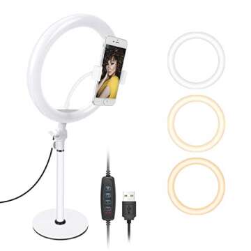 Neewer Selfie Ring Light for Laptop Computer, 10" Dimmable Desktop LED Circle Light with Stand/Phone Holder/3 Light Modes for Video Conference/Webcam Chat/Makeup/Live Stream/Selfie (White)