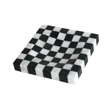 Elegant StonePlus Black and White Marble Checkerboard Tray for Storage