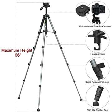 Endurax 66 Tripod for Camera and Phone Camera Tripod Stand with Quick Release Plate Compatible with iPhone Nikon Canon DSLR Heavy Duty and Sturdy Grey