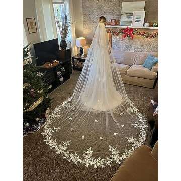 EllieHouse Women's 1 Tier Cathedral Flower Lace Ivory Wedding Bridal Veil With Metal Comb L95IV