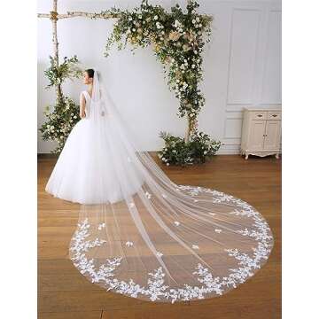 EllieHouse Women's 1 Tier Cathedral Flower Lace Ivory Wedding Bridal Veil With Metal Comb L95IV
