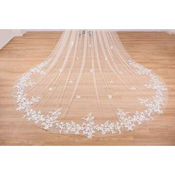 EllieHouse Women's 1 Tier Cathedral Flower Lace Ivory Wedding Bridal Veil With Metal Comb L95IV