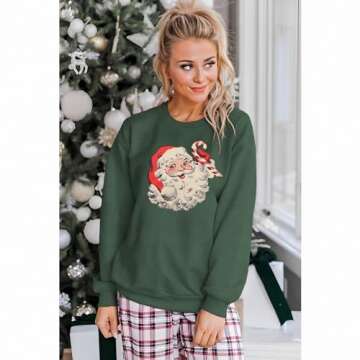 IZYJOY Women Christmas Sweatshirt Vintage Santa Claus Graphic Long Sleeve Crewneck Pullover Tops Retro Oversized Xmas Outfit(Green-078,Medium)