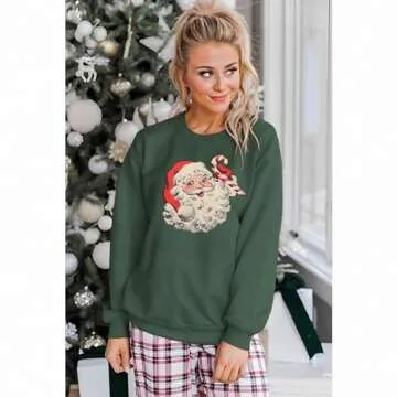 IZYJOY Women Christmas Sweatshirt Vintage Santa Claus Graphic Long Sleeve Crewneck Pullover Tops Retro Oversized Xmas Outfit(Green-078,Medium)