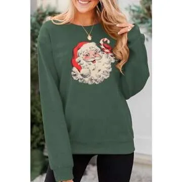 IZYJOY Women Christmas Sweatshirt Vintage Santa Claus Graphic Long Sleeve Crewneck Pullover Tops Retro Oversized Xmas Outfit(Green-078,Medium)
