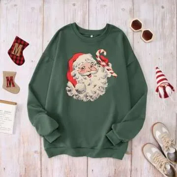 IZYJOY Women Christmas Sweatshirt Vintage Santa Claus Graphic Long Sleeve Crewneck Pullover Tops Retro Oversized Xmas Outfit(Green-078,Medium)