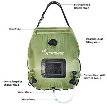 Sportneer Camping Shower Bag, Solar Heating Portable Shower Bag 20L/5 Gallon Camp Shower Removable Hose & Switchable Shower Head Hot Water 45°C for Outdoor Traveling Hiking Beach Swimming (Army Green)
