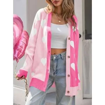 Saodimallsu Womens Heart Cardigan Sweaters Valentines Oversized Winter Color Block Button Up Cute Ribbed Sweater Coats Pink