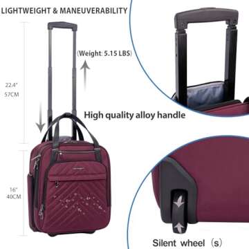 VANKEAN Carry On Underseat 16-inch Multi-functional Underseater Lightweight Overnight Suitcase with Wheels, Roller Case for Men Women Travel Business, Burgundy