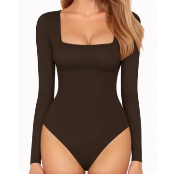 MANGOPOP Women's Bodysuits Long Sleeve Square Neck Slim Fitted Tops in Coffee